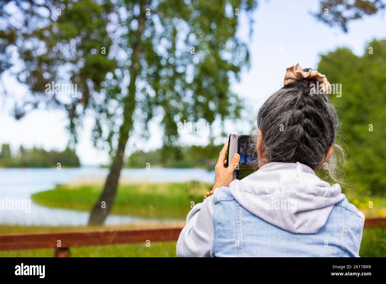 Mujer mayor fotografiando la naturaleza con un smartphone Foto de stock