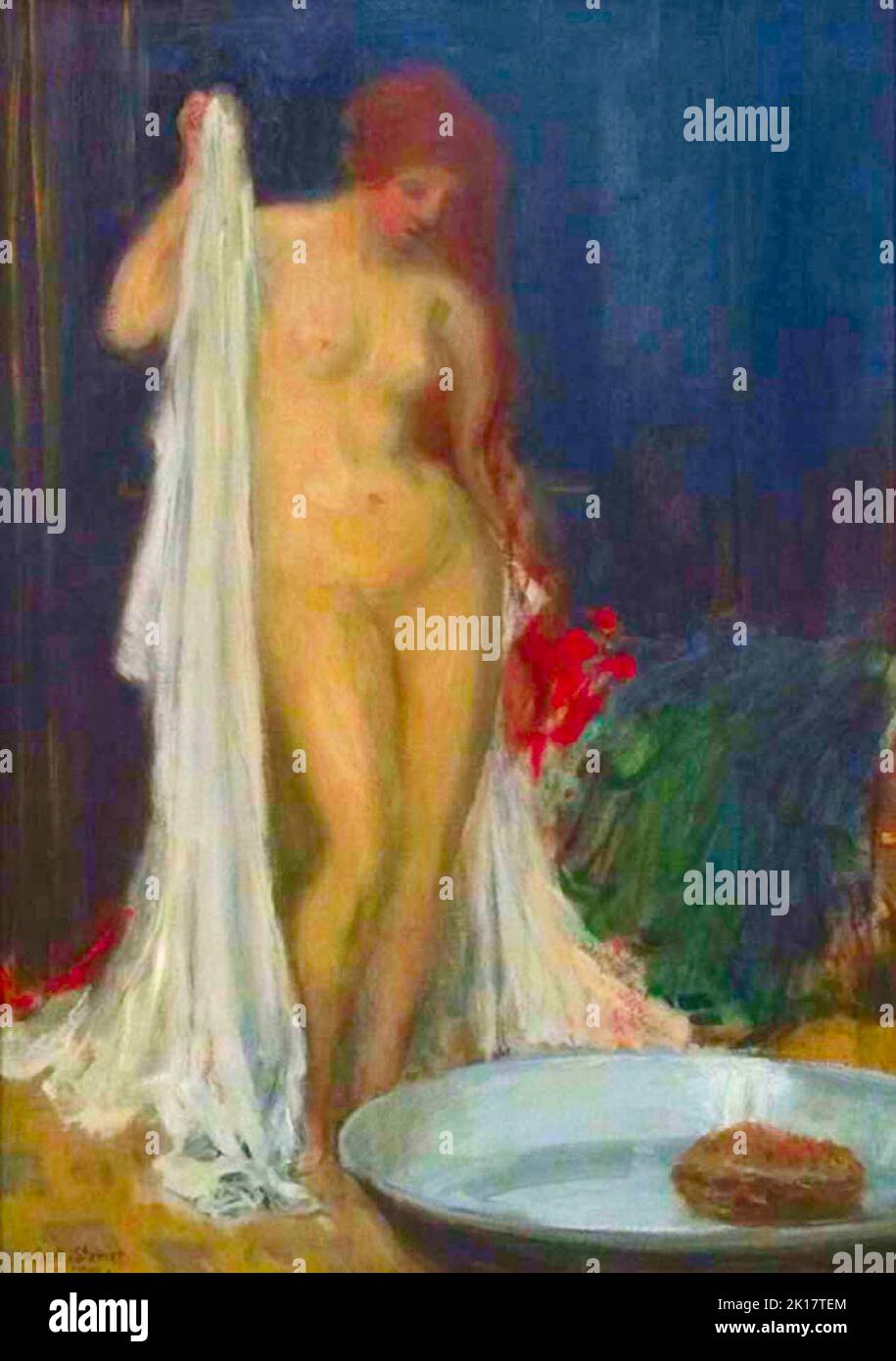 Albert Edward Sterner - Antes del Baño - 1902 - Desnudo rojo cabeza mujer a punto de tomar un baño. Foto de stock
