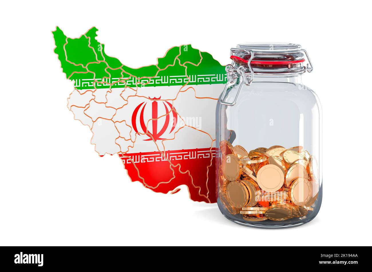 Mapa iraní con tarro de cristal lleno de monedas de oro, 3D ª reproducción aislada sobre fondo blanco Foto de stock