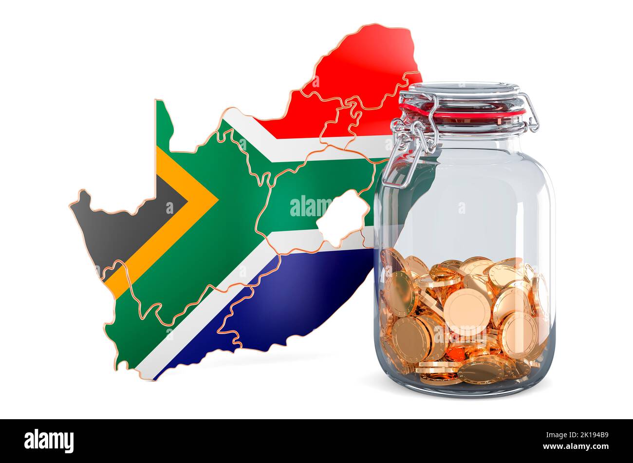 Mapa de Sudáfrica con tarro de cristal lleno de monedas de oro, 3D renderizado aislado sobre fondo blanco Foto de stock