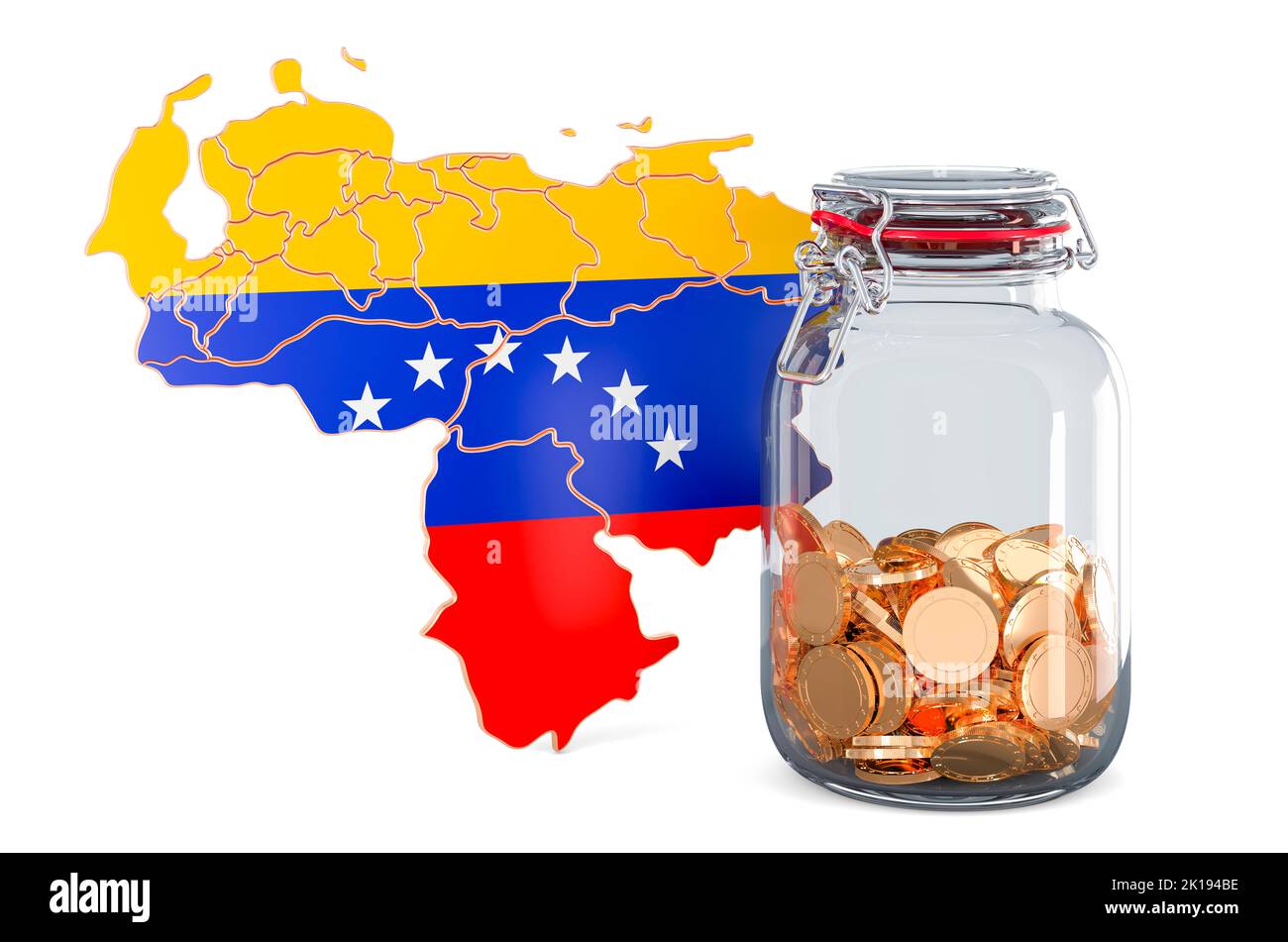 Mapa venezolano con tarro de cristal lleno de monedas de oro, 3D renderizado aislado sobre fondo blanco Foto de stock