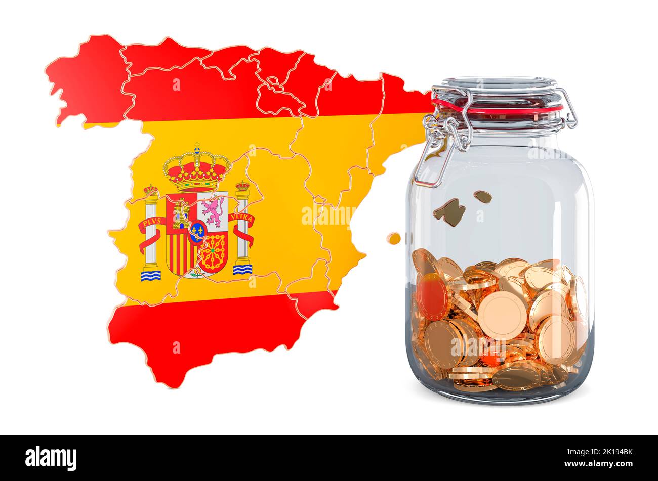 Mapa español con tarro de cristal lleno de monedas de oro, 3D renderizado aislado sobre fondo blanco Foto de stock