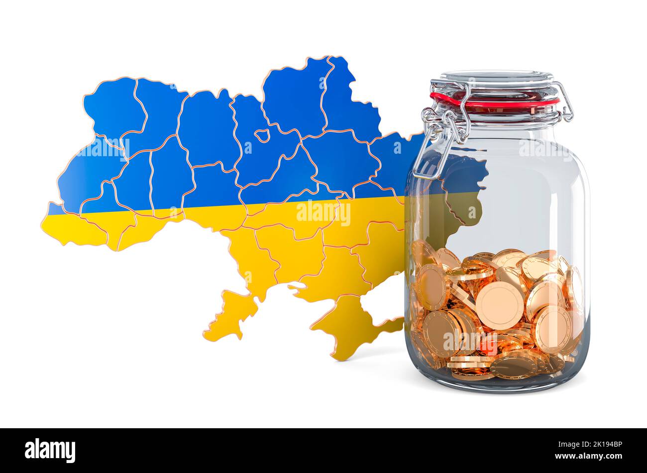 Mapa de Ucrania con tarro de cristal lleno de monedas de oro, 3D ª reproducción aislada sobre fondo blanco Foto de stock