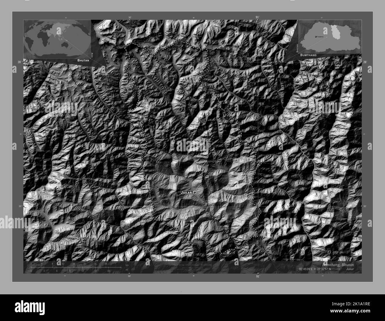 Bumthang, distrito de Bután. Mapa de elevación en dos niveles con lagos