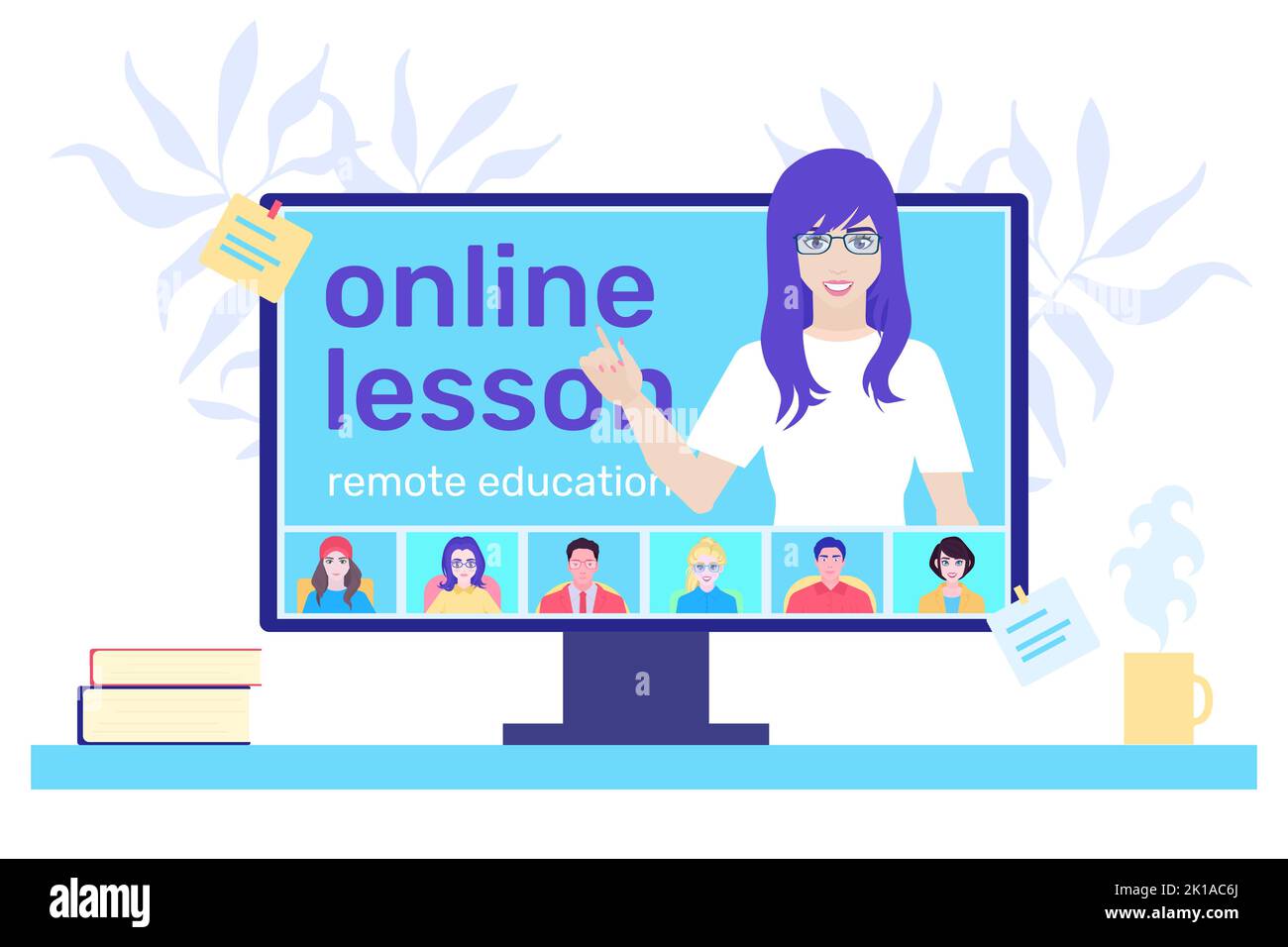 Una maestra dirige un curso en línea en una computadora. Clases a distancia para escolares o universitarios. Curso de vídeo, seminario web, Internet Ilustración del Vector
