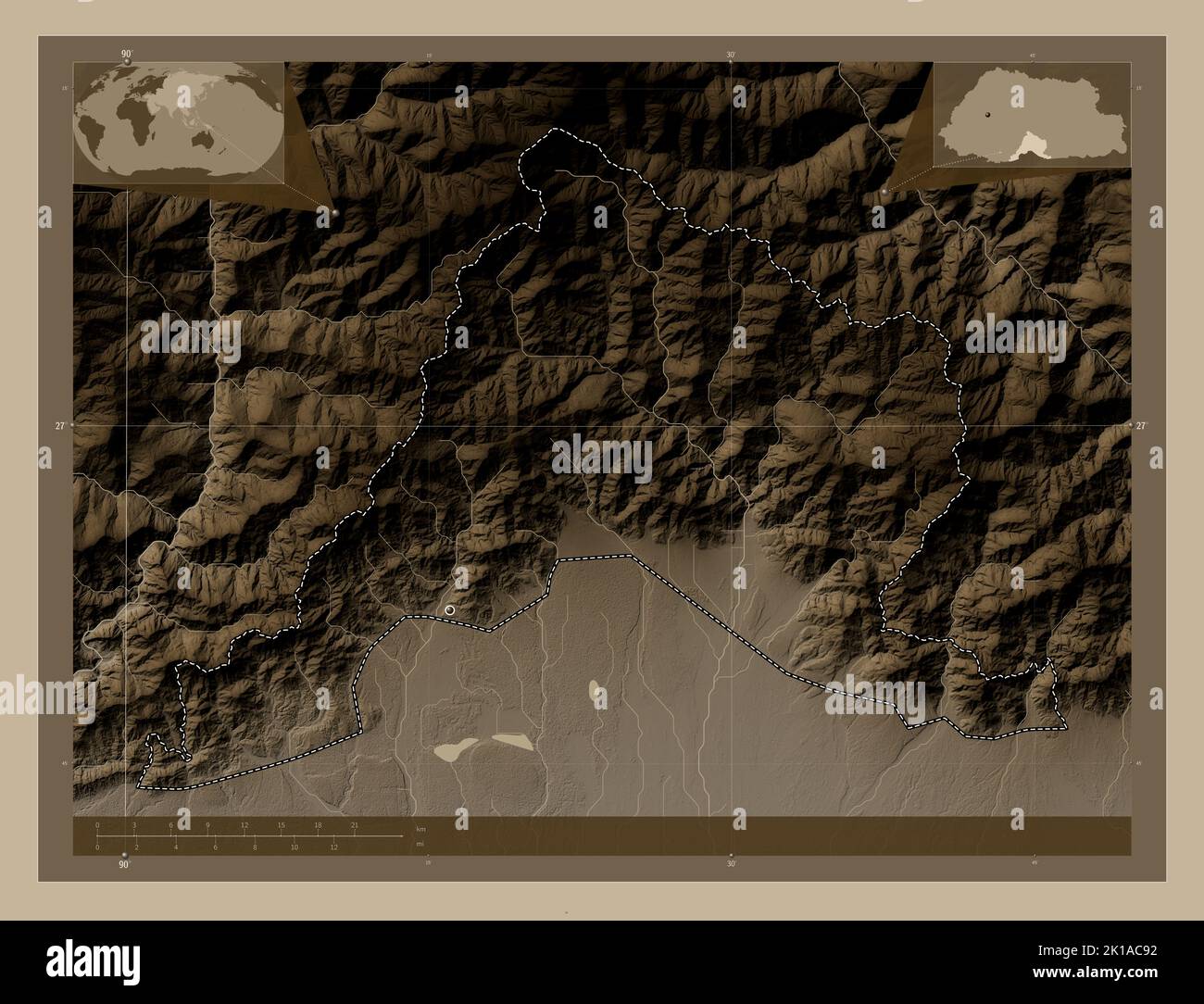 Sarpang, distrito de Bhután. Mapa de altura coloreado en tonos sepia