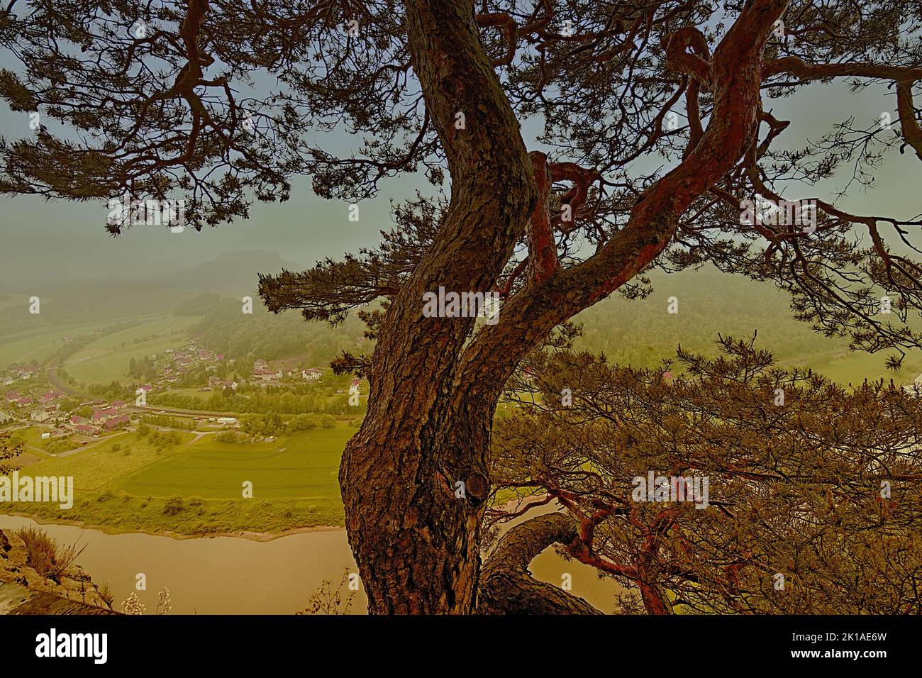 Blick von einer Aussichtsplattform im Basteigebiet auf das Elbtal Foto de stock