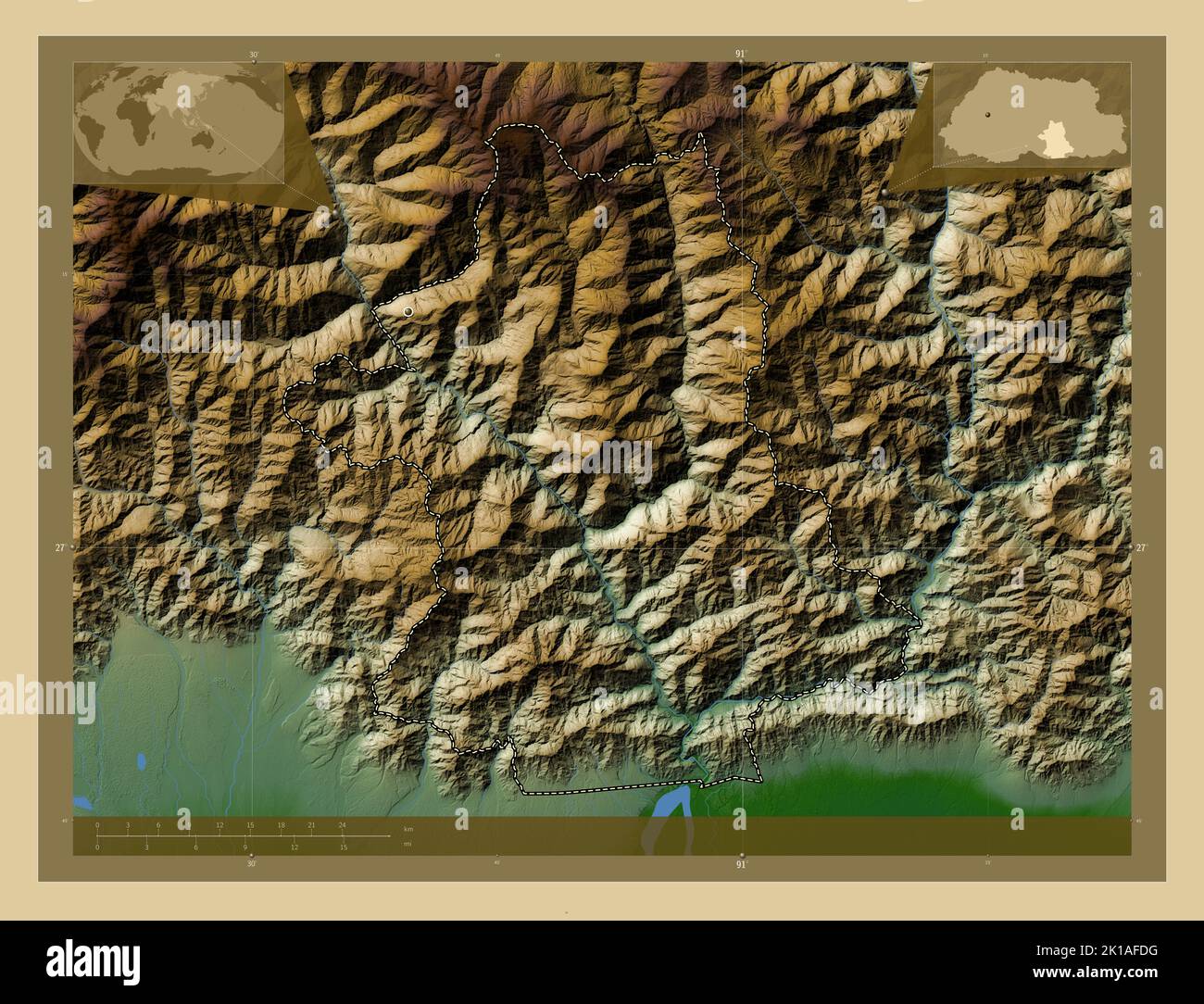 Zhemgang, distrito de Bután. Mapa de altura en color con lagos y ríos