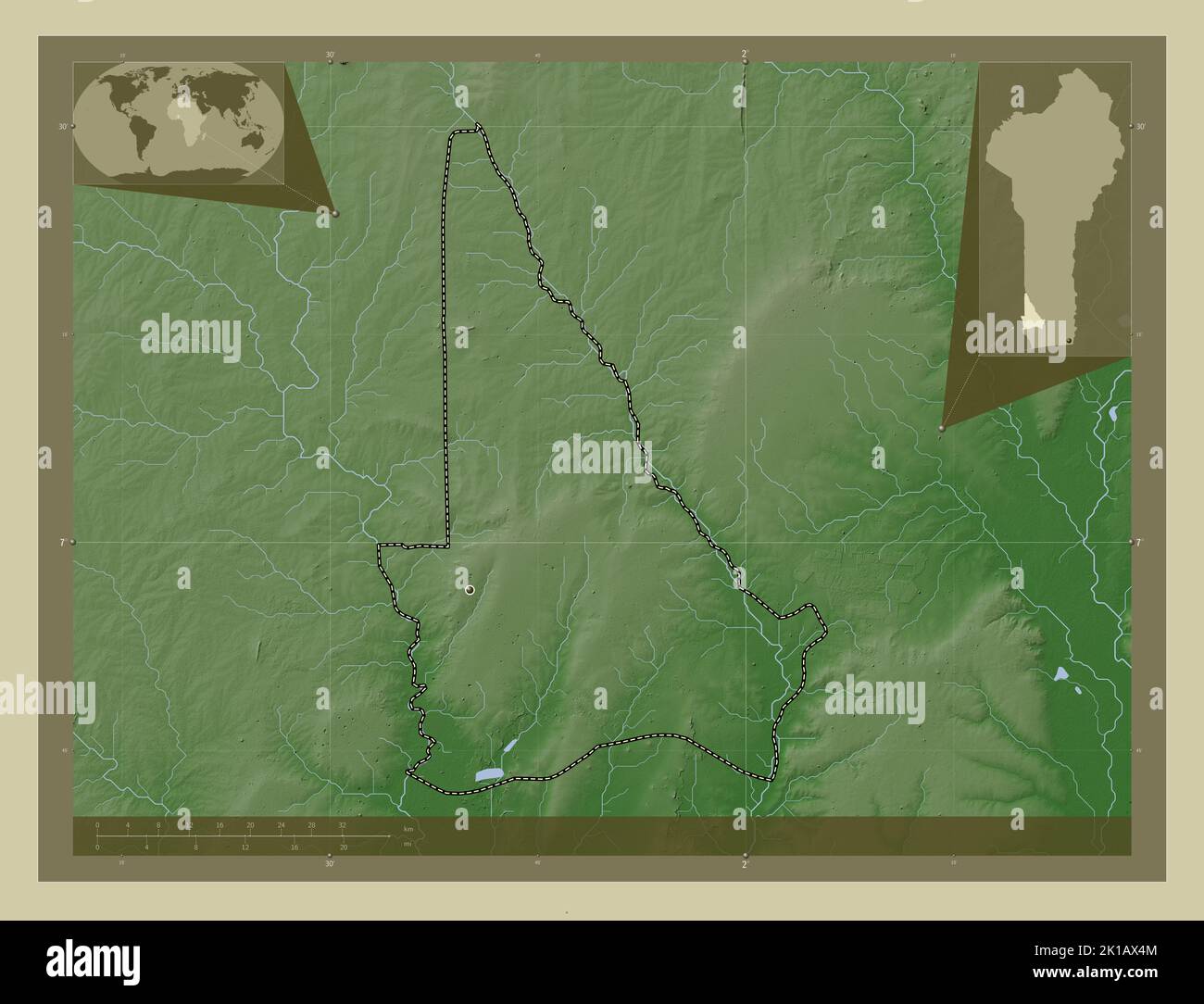Kouffo, departamento de Benin. Mapa de altura coloreado en estilo wiki