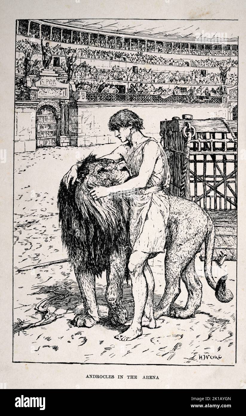 Ilustración de época, Androcles y el León, en el Circus Maximus Arena. Foto de stock