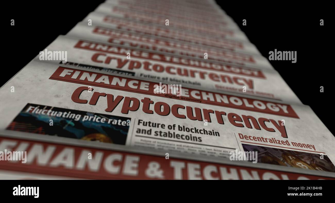 Criptomoneda, bitcoin, blockchain y dinero digital. Impresión de periódico. Concepto abstracto de prensa vintage. Ilustración de representación retro 3D. Foto de stock