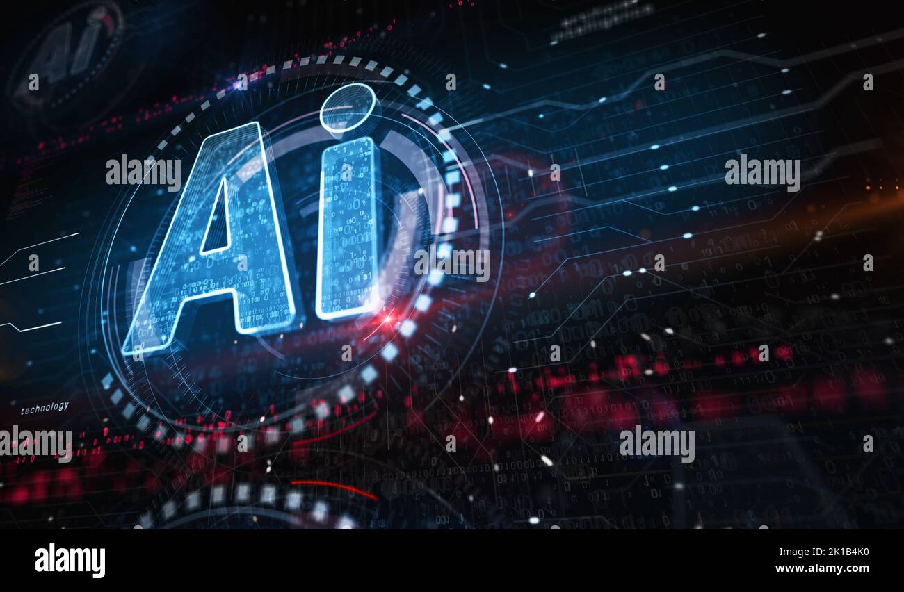 Tecnología de inteligencia artificial AI y concepto digital de símbolo de aprendizaje profundo. Red, tecnología cibernética e informática resumen 3D illustra Foto de stock