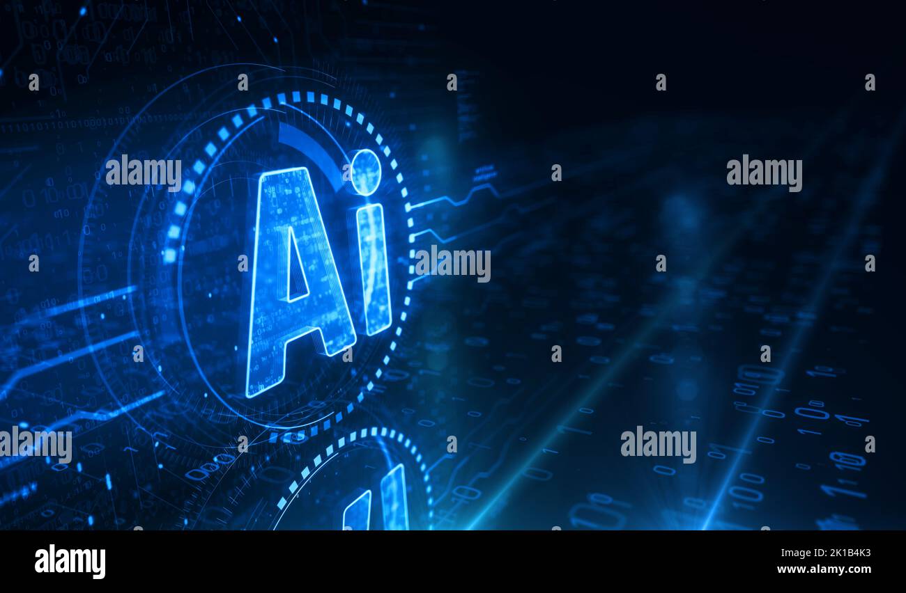 Tecnología de inteligencia artificial AI y concepto digital de símbolo de aprendizaje profundo. Red, tecnología cibernética e informática resumen 3D illustra Foto de stock