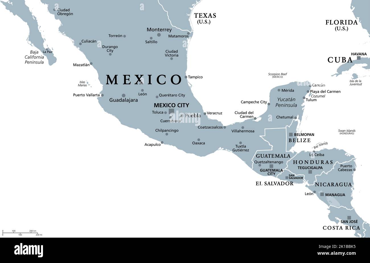 Mesoamérica, mapa político gris. Región histórica y área cultural en el sur de América del Norte y América Central, desde México hasta Costa Rica. Foto de stock