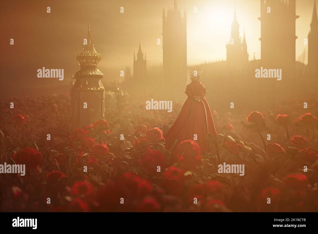 Magnífica reina del Reino Unido sentada en un jardín con rosas rojas mientras el sol se pone detrás en el palacio de Westminster. Una ilustración en 3D y digital Foto de stock