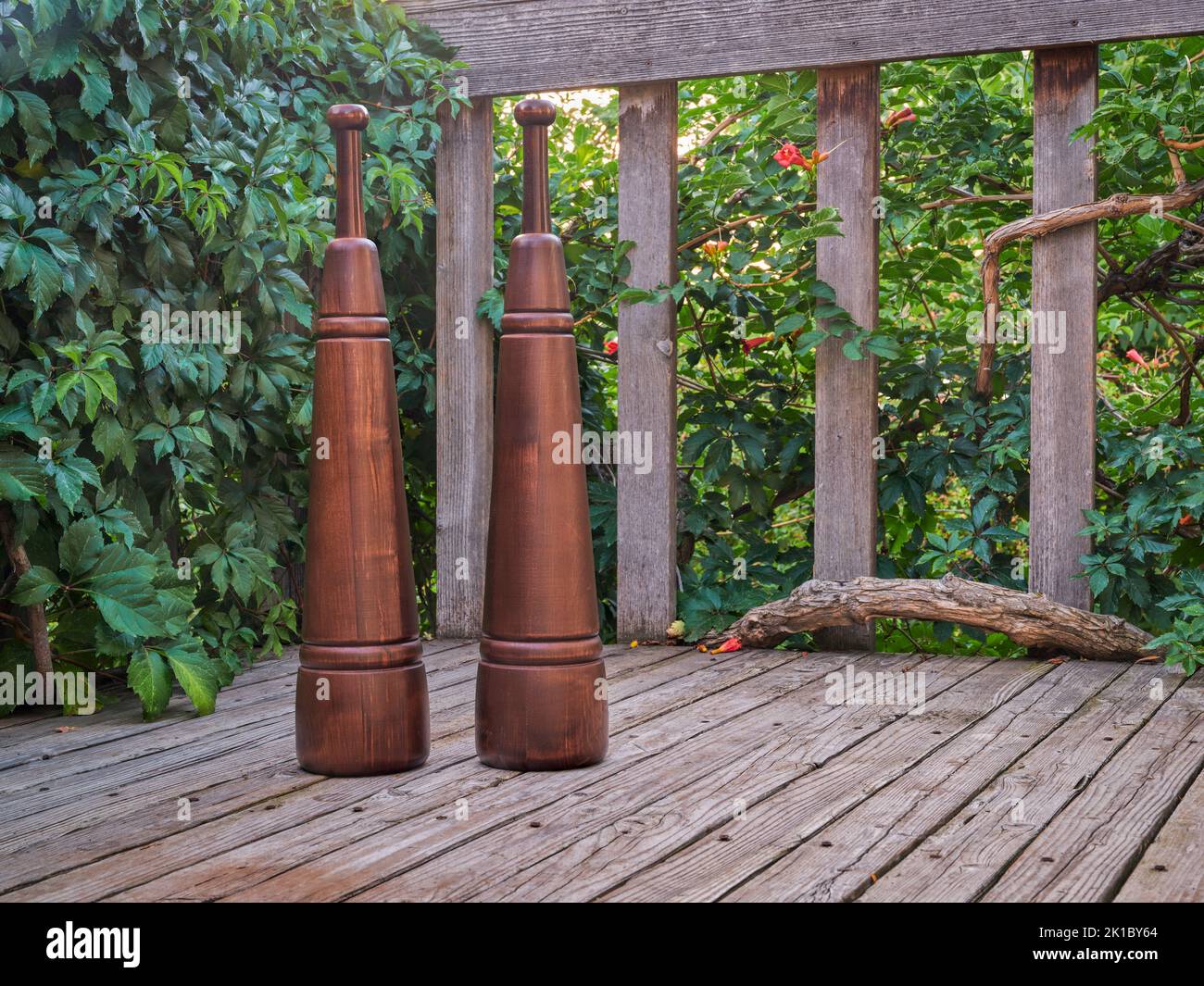Pesados meels persas de madera en una cubierta del patio trasero, concepto funcional de la aptitud Foto de stock
