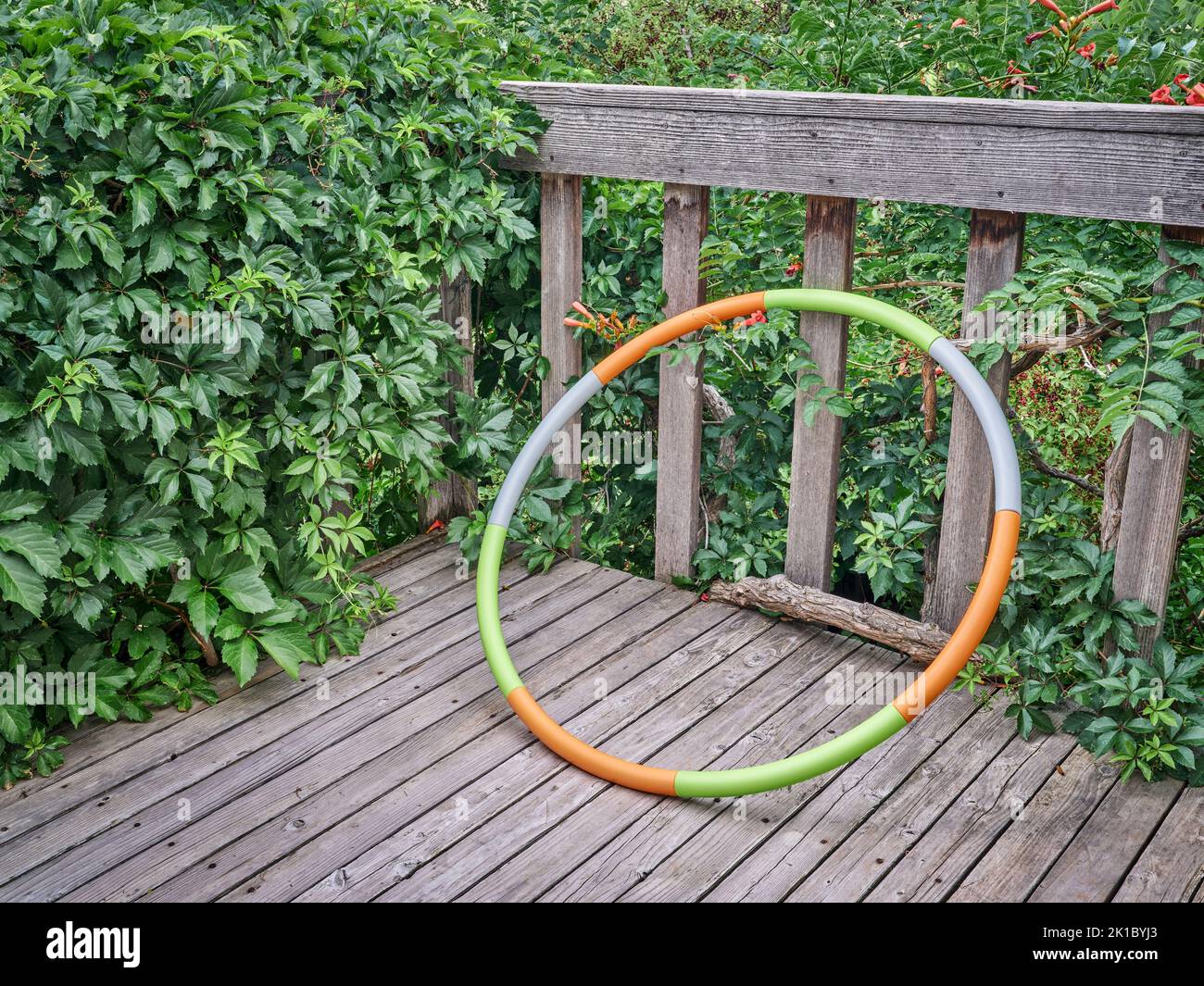 aro de hula ponderado en una cubierta de patio trasero de madera en paisaje de verano, concepto de entrenamiento básico Foto de stock