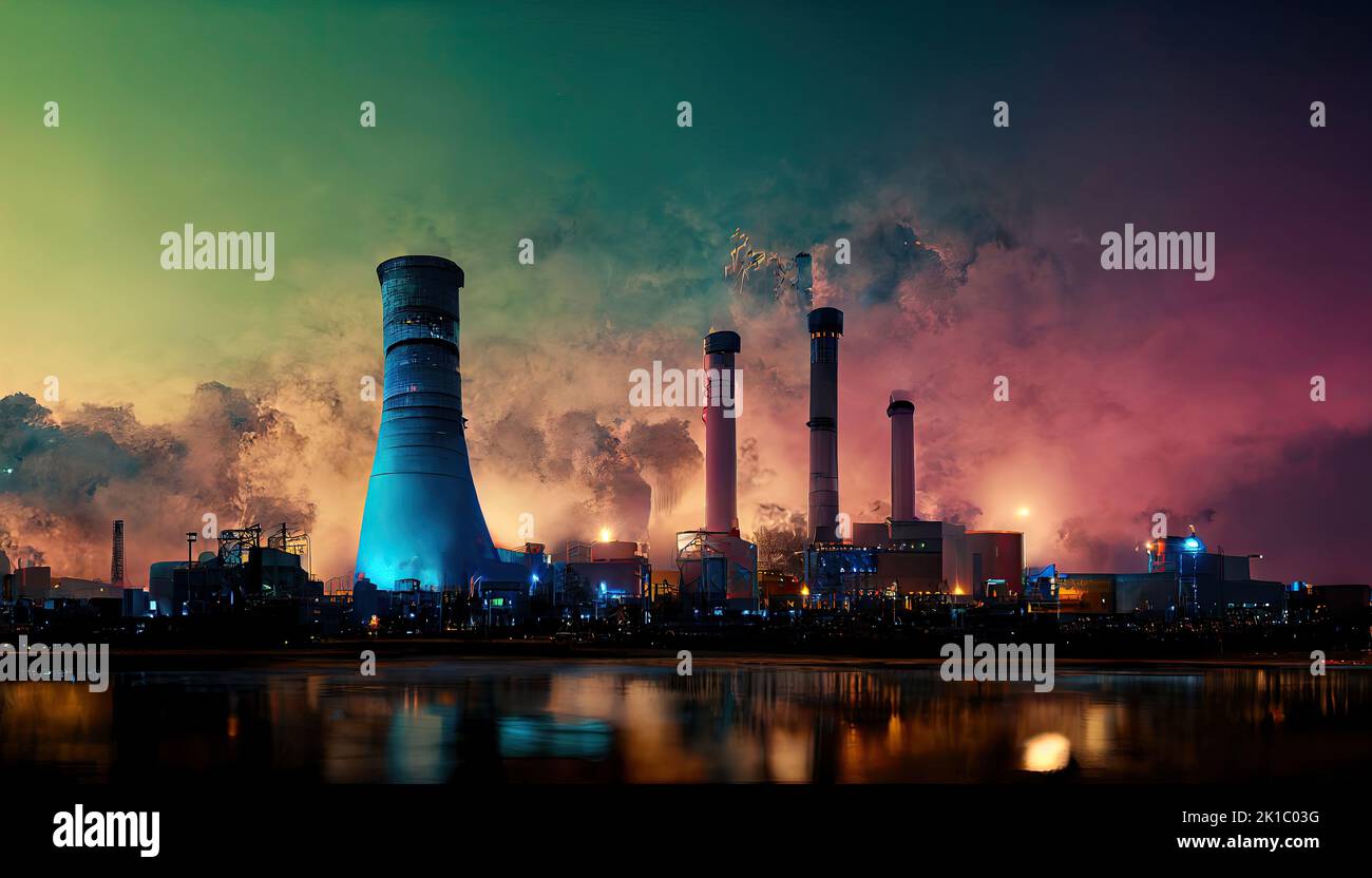 Las centrales nucleares con chimeneas emiten humo creciente, lo que simboliza la producción de energía y los riesgos nucleares. 3D ilustración y pintura digital. Foto de stock