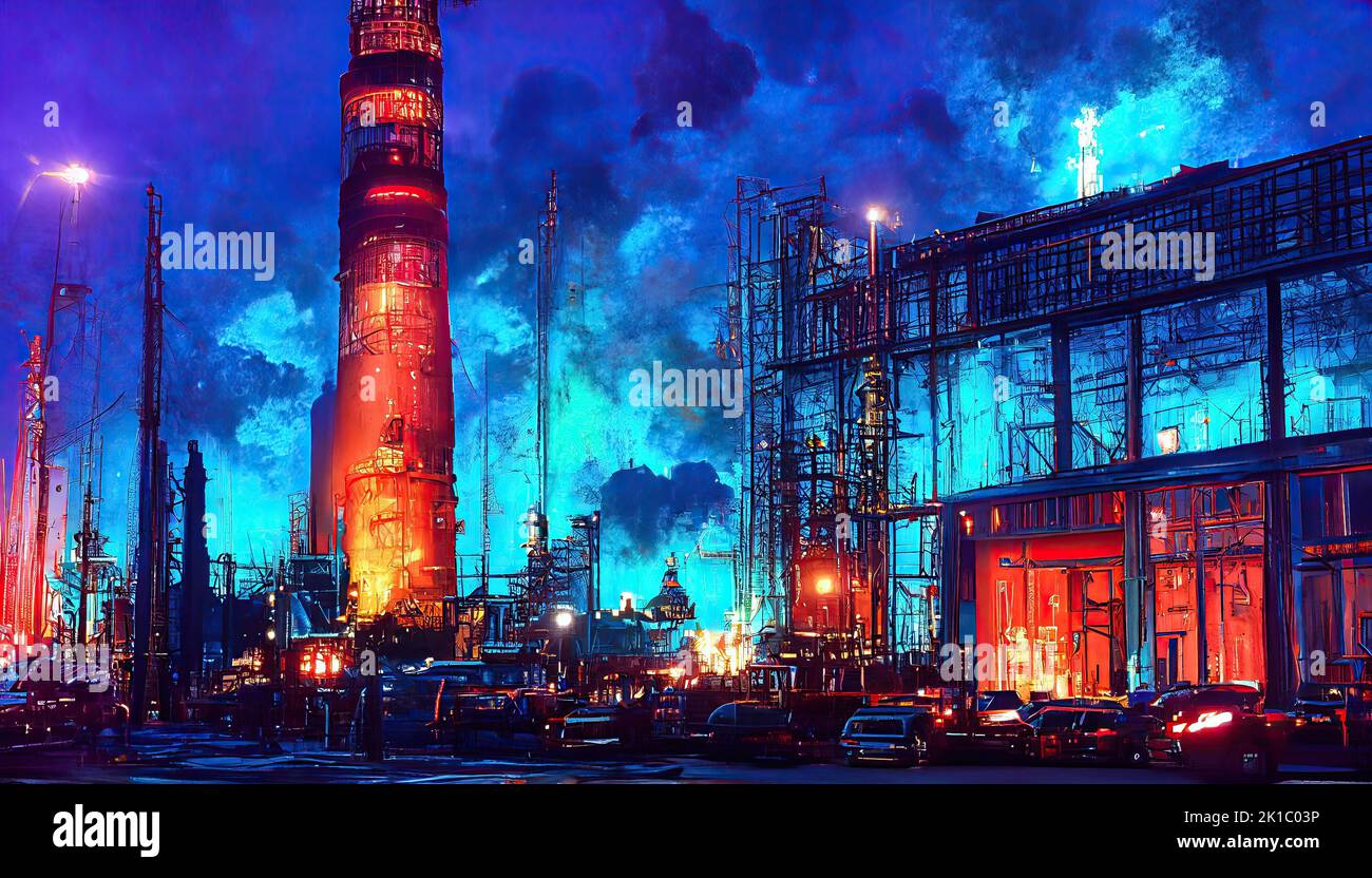 Fábrica de productos químicos iluminada por la noche con luces brillantes de colores. Industria química, refinería de petróleo o central eléctrica. Tuberías y chimeneas con Foto de stock