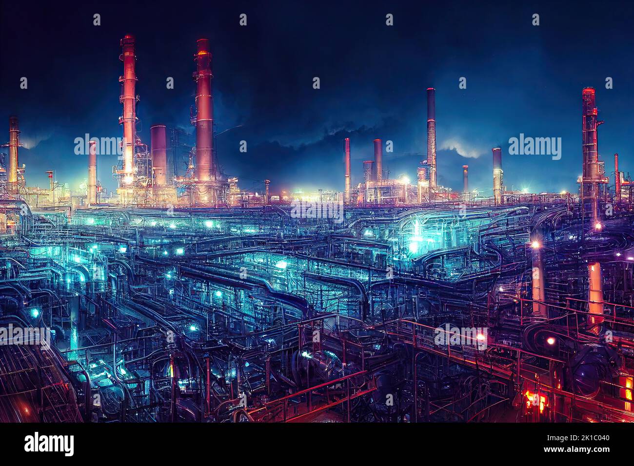 Fábrica de refinería de petróleo industrial iluminada en la noche con luces brillantes de azul y rojo. Almacén de productos químicos con tuberías y chimeneas Foto de stock