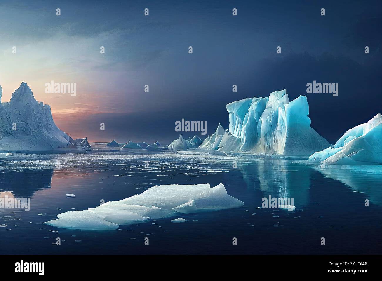 Un iceberg ártico flota en el agua. Como resultado del calentamiento global y el derretimiento de los glaciares, los trozos de hielo se derriten. 3D ilustración y pintura digital Foto de stock