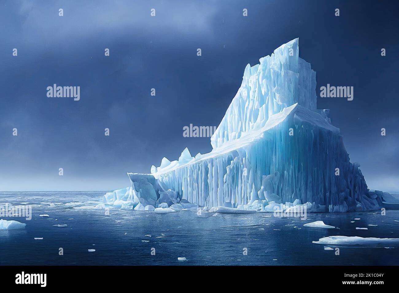 El calentamiento global y el cambio climático son ilustrados por el derretimiento del iceberg en el Océano Ártico al amanecer. 3D ilustración y pintura digital. Foto de stock