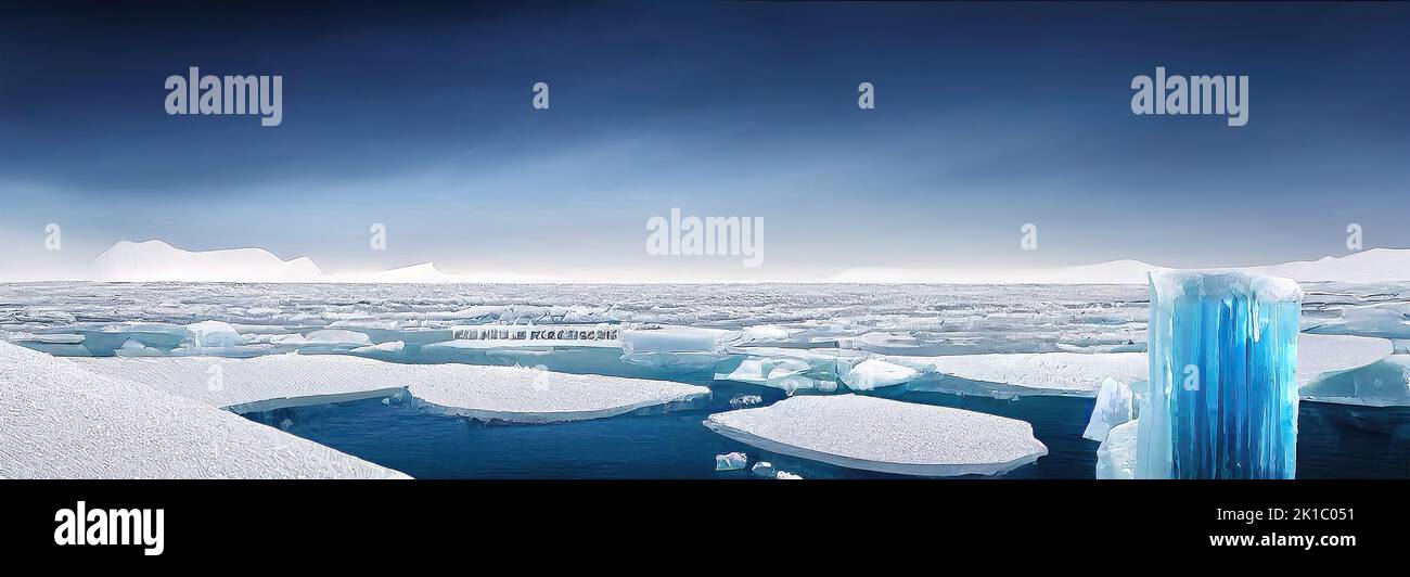 Vista panorámica de los icebergs árticos flotando en la Antártida, que se derriten debido al cambio climático y la contaminación. 3D ilustración y pintura digital. Foto de stock