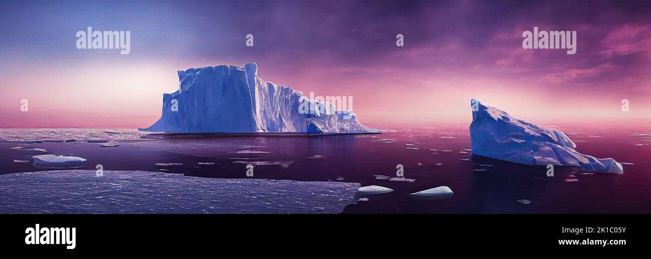 Panorama de la puesta de sol de icebergs flotando en el mar ártico. Los icebergs se derriten debido al cambio climático y al derretimiento de los glaciares al atardecer. 3D ilustración y. Foto de stock