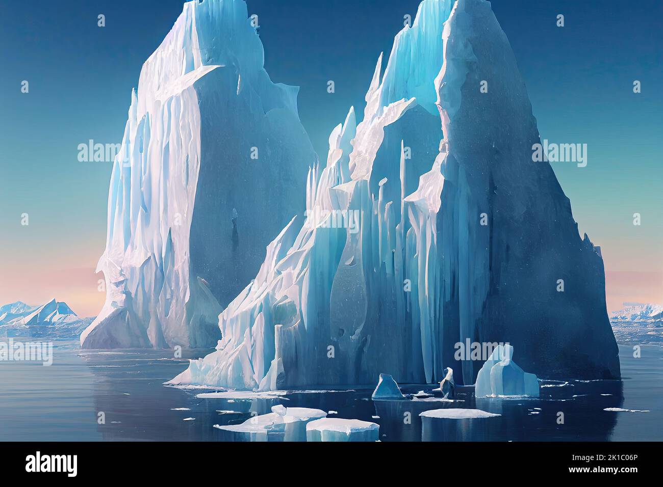 Un iceberg flota en el Océano Ártico. Como resultado del cambio climático, las masas de hielo se derriten al amanecer. Ilustración 3D y creación digital. Foto de stock