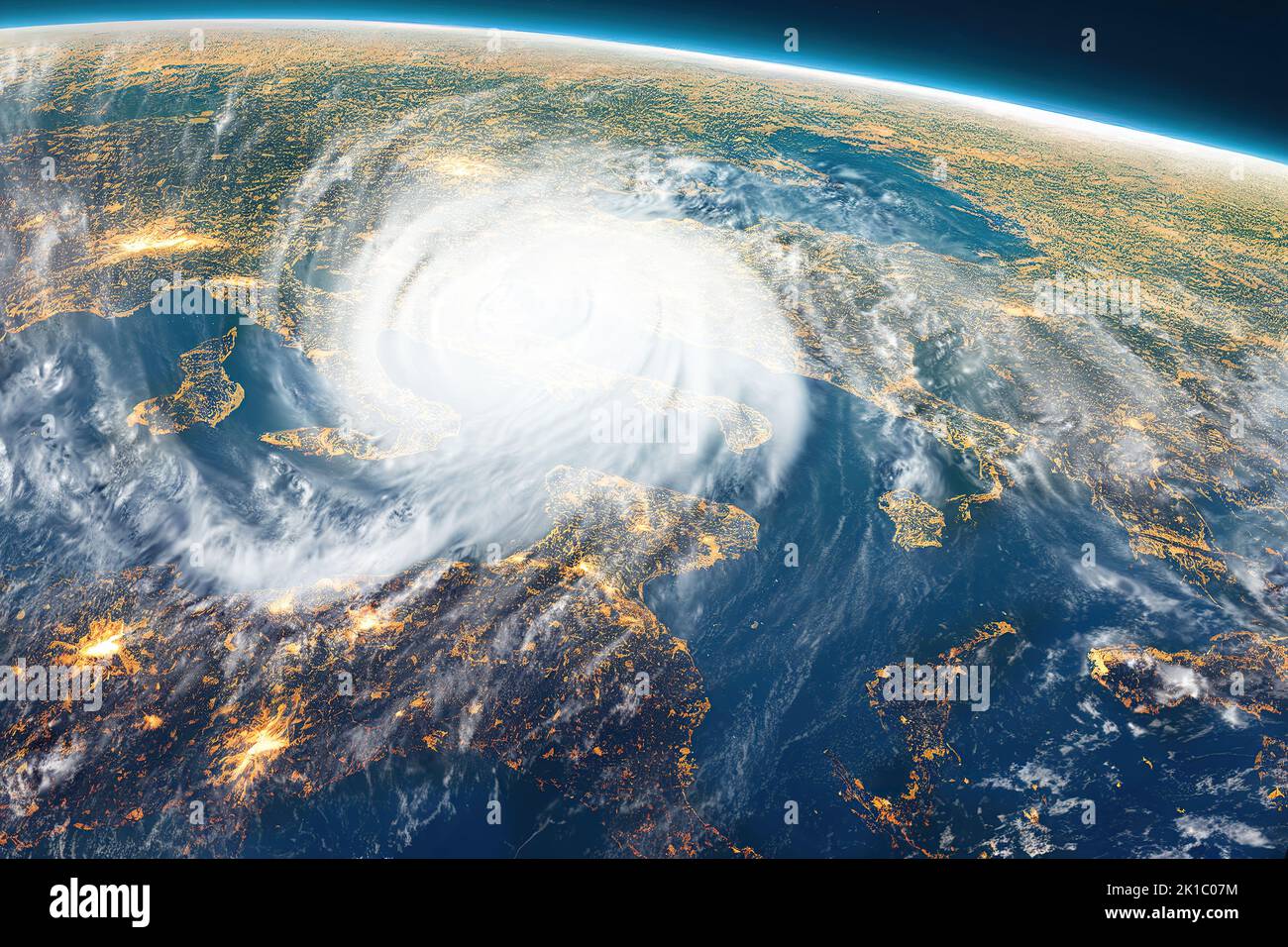Imagen satelital del primer huracán también llamado tornado o tifón en Europa visto desde arriba del espacio. Vista por satélite. Desastres naturales en las ciudades Foto de stock
