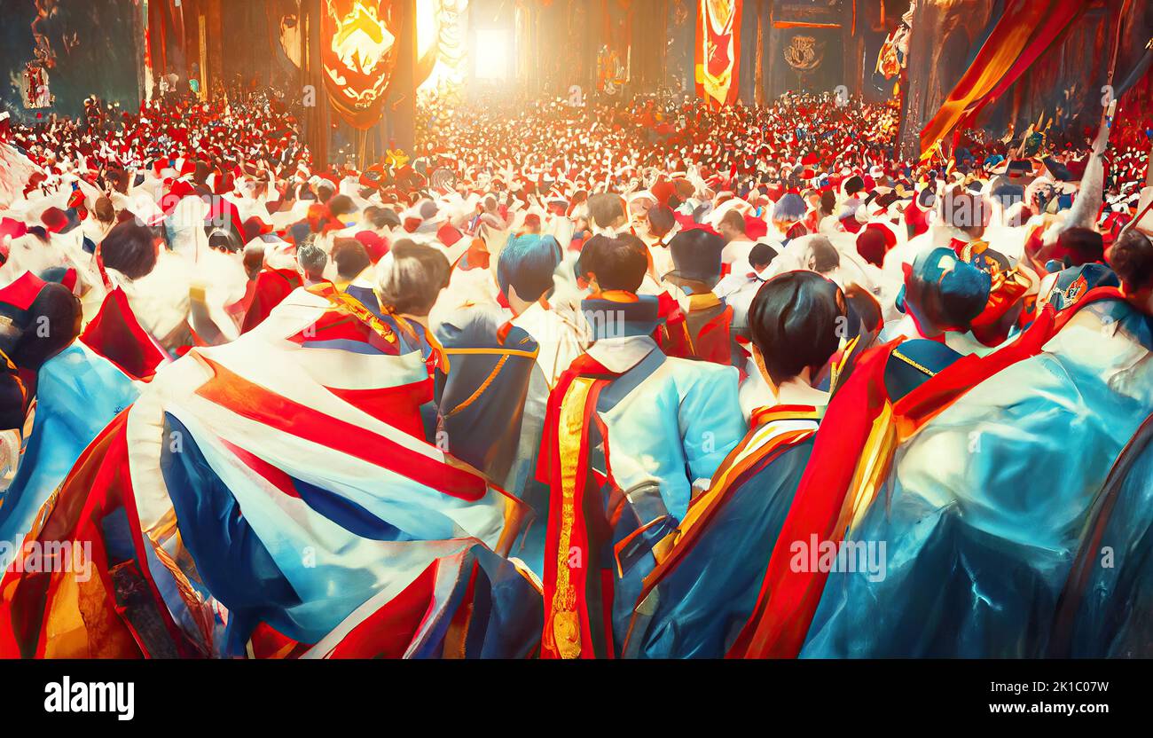 El nuevo rey del Reino Unido en la ceremonia de coronación. Los ingleses de Inglaterra saludan al rey con banderas del Reino Unido. 3D Foto de stock