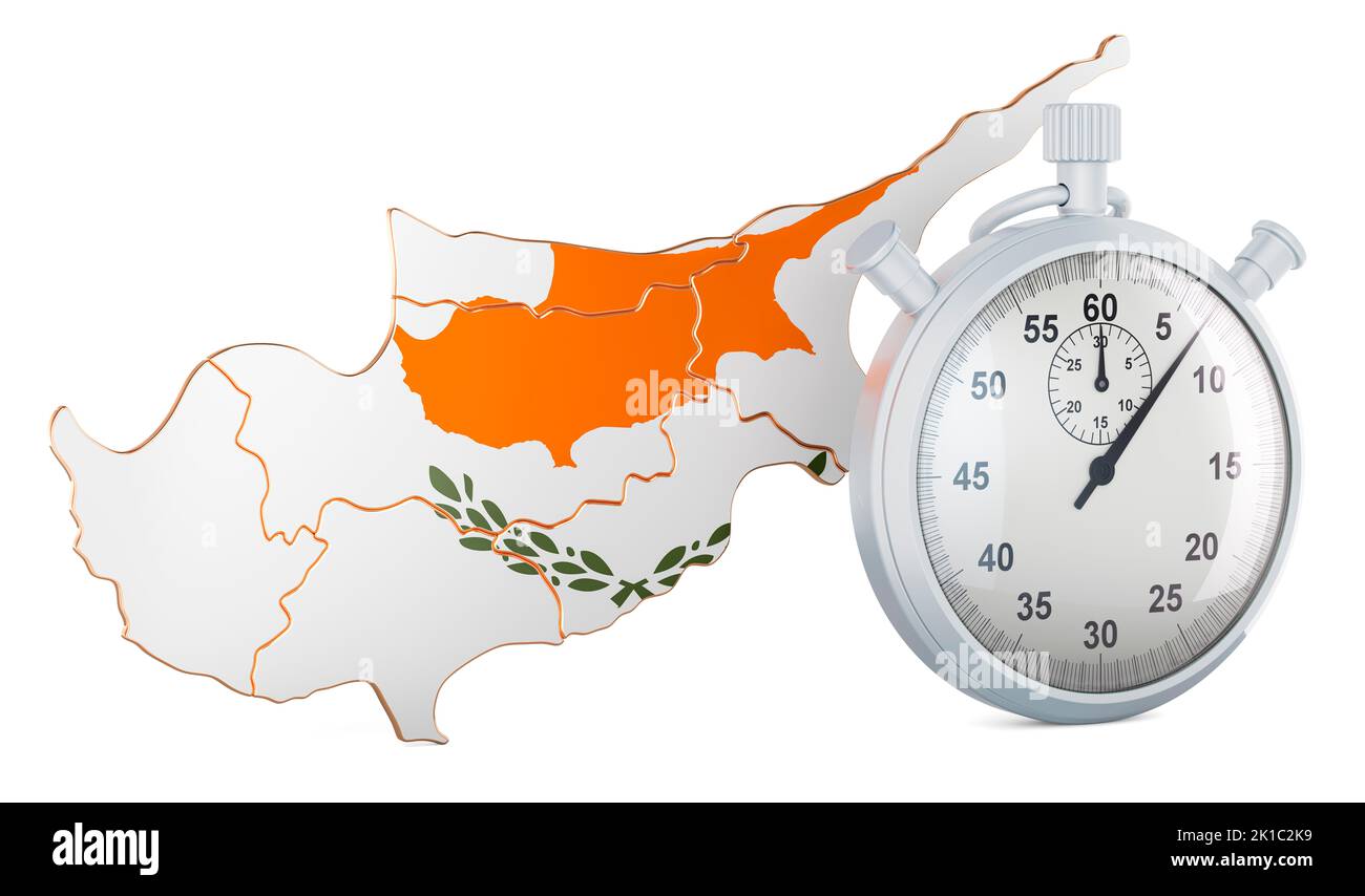Mapa chipriota con cronómetro, 3D que se deja aislado sobre fondo blanco Foto de stock