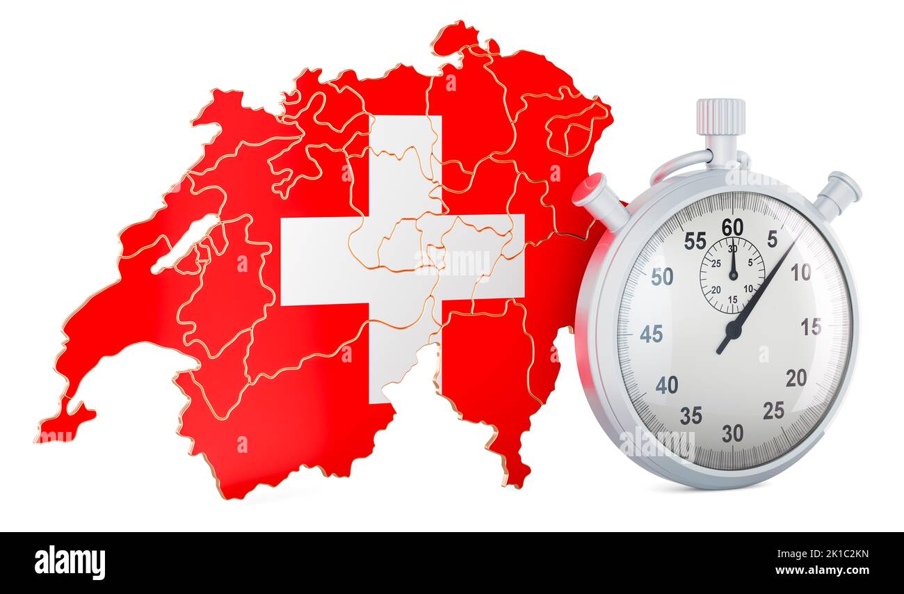 Mapa suizo con cronómetro, representación 3D aislada sobre fondo blanco Foto de stock
