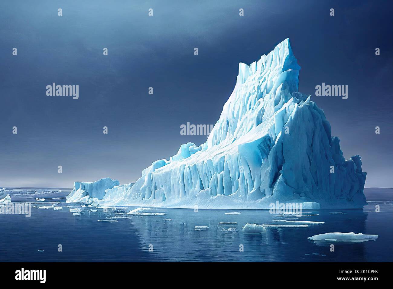 Un iceberg flota en el Océano Ártico al amanecer como resultado del cambio climático y el derretimiento de los glaciares. Ilustración 3D y acuarela digital Foto de stock