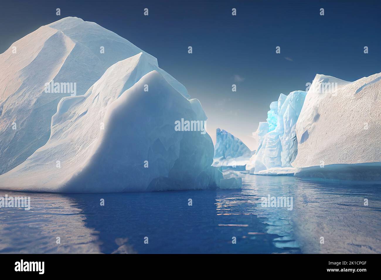 El derretimiento temprano por la mañana de un iceberg en el Océano Ártico es el concepto del calentamiento global y el cambio climático. 3D ilustración y pintura digital. Foto de stock