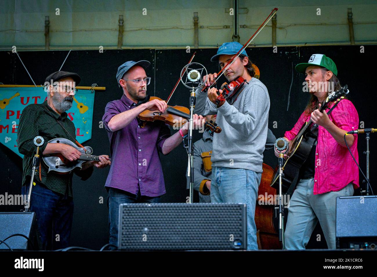 Grupo de música Bluegrass, Stringband Sundae, Festival de Música Folk de Vancouver, Vancouver, Columbia Británica, Canadá Foto de stock