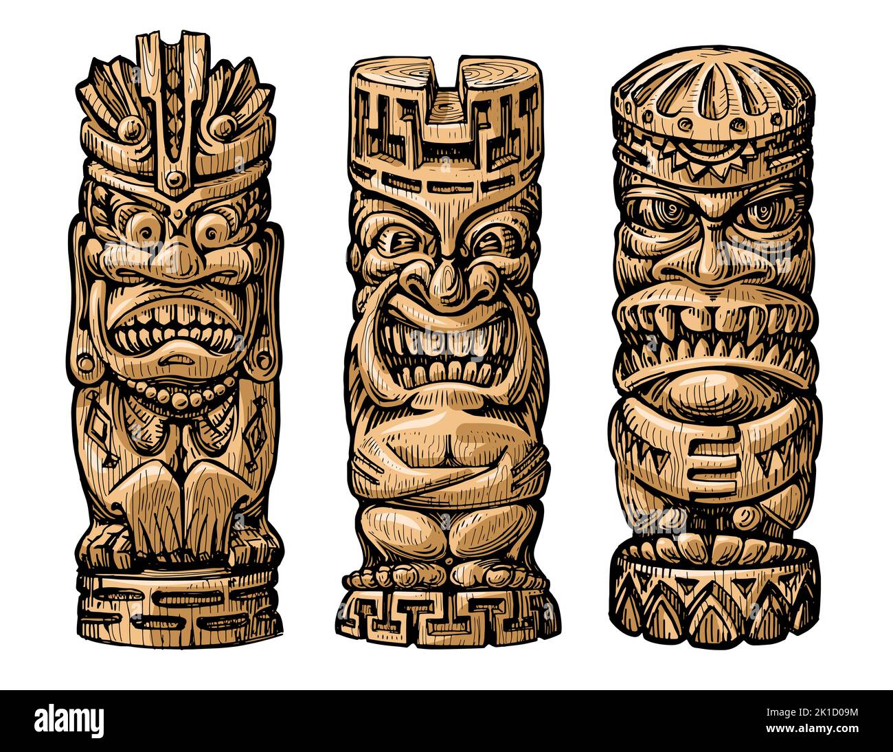 Juego de máscaras tribales de madera Tiki. Elementos tradicionales hawaianos aislados sobre fondo blanco. Ilustración vectorial en color Ilustración del Vector