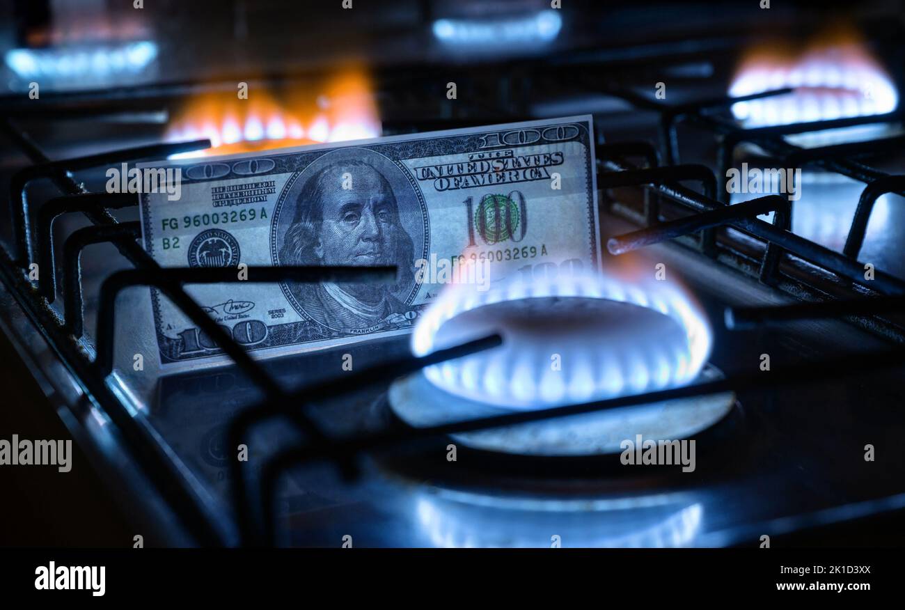 Quemadores de gas y billete de dólares de EE.UU., dinero de EE.UU. En la cocina de gas de la casa, llama de propano azul y moneda. Concepto de economía mundial, crisis energética, petróleo, ruso na Foto de stock