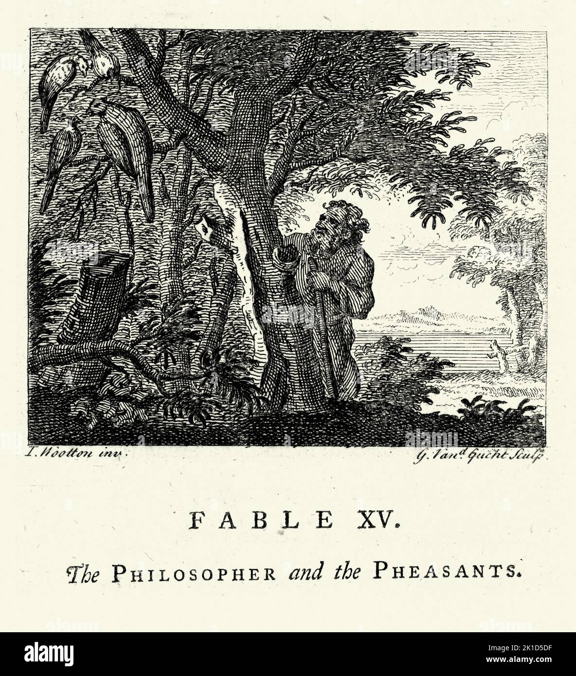 Vintage grabado del filósofo y los faisanes, de las fábulas de John Gay siglo 18th Foto de stock