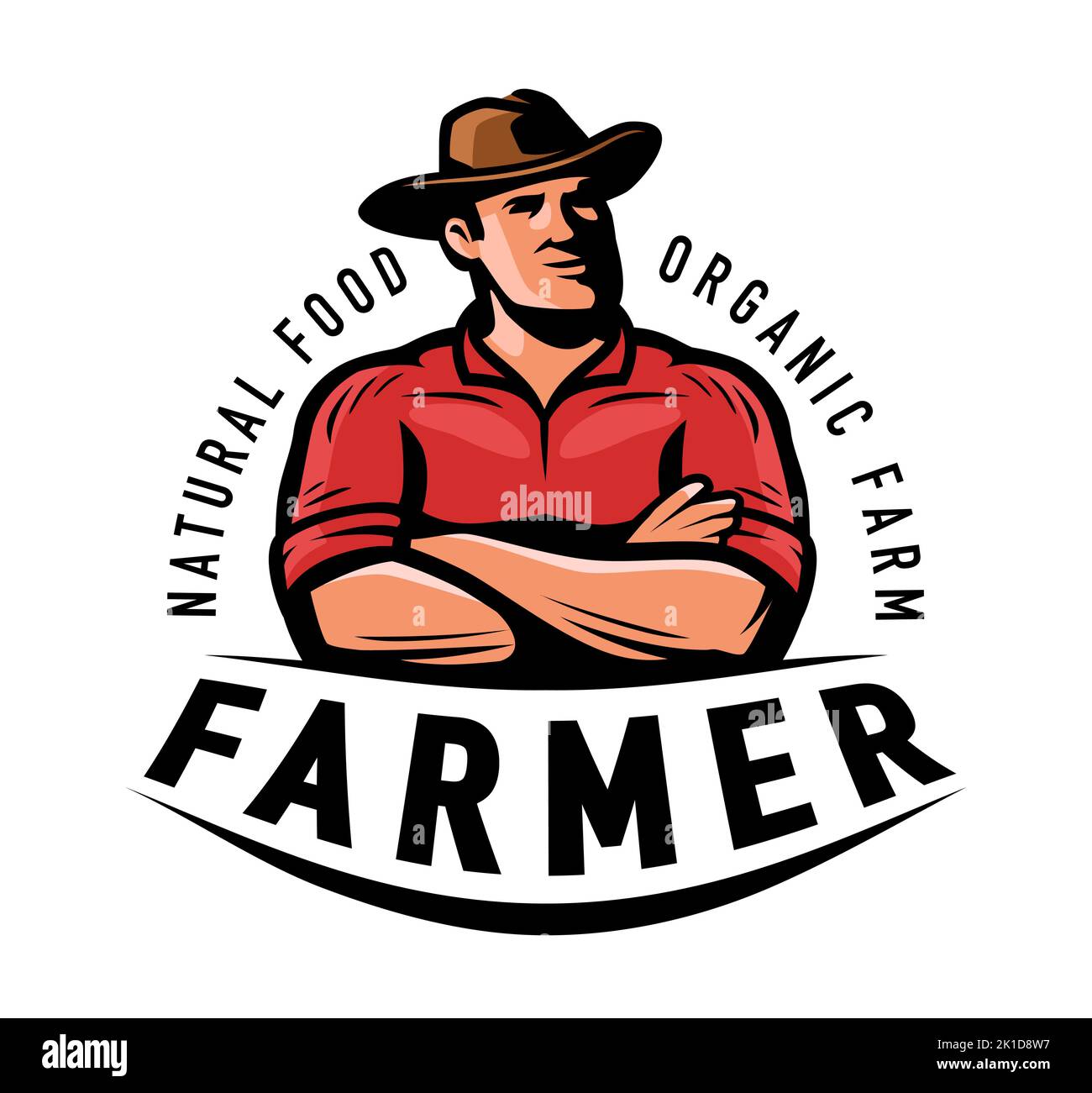 El hombre campesino en un sombrero logo. Granja, agricultura, símbolo de agricultura. Ilustración de vectores de emblema retro de alimentos orgánicos agrícolas Ilustración del Vector