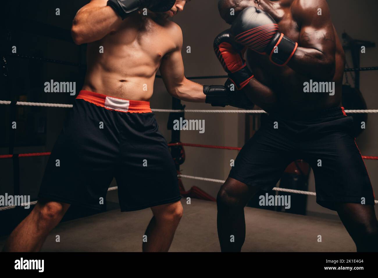 Joven boxeador recibiendo un golpe en el estómago durante una pelea con su oponente. Dos boxeadores jóvenes que juegan un partido en un ring de boxeo. Foto de stock