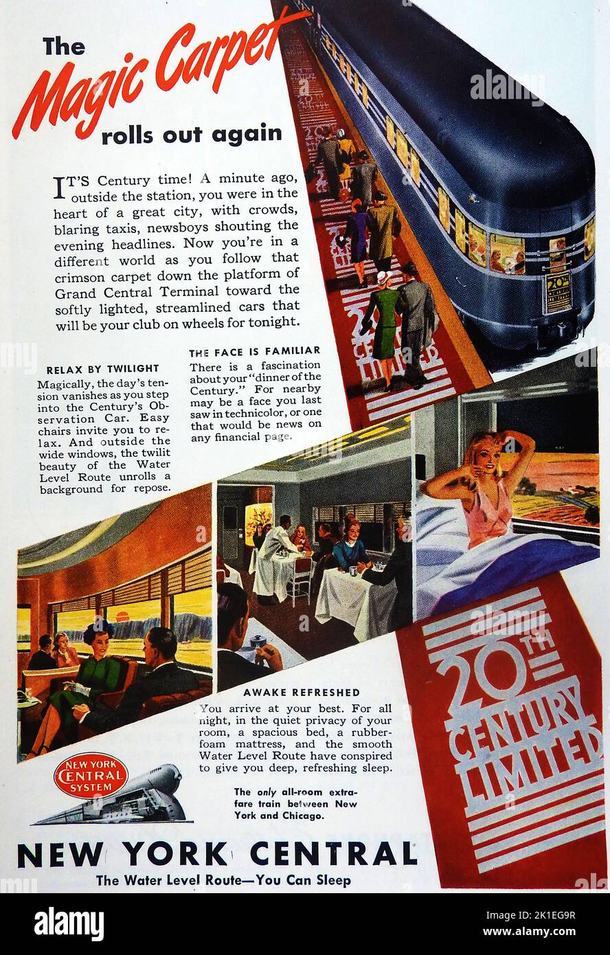 Un anuncio de posguerra de 1947 para el regreso de la 'Alfombra Mágica' de la Grand Central Station, ferrocarril, Nueva York, EE.UU. (20th Century Ltd) Foto de stock