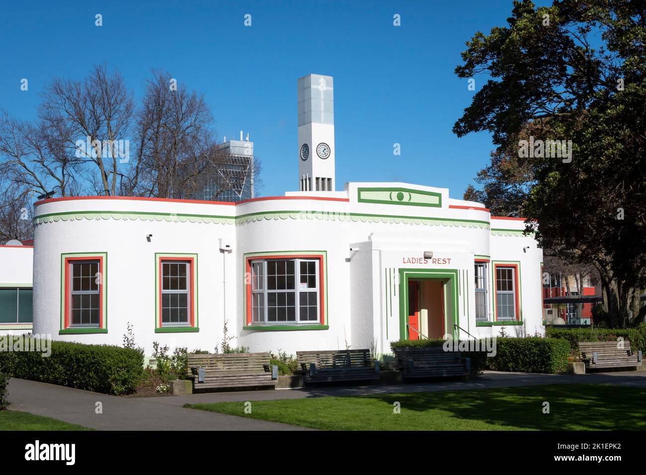 baños públicos Art Deco y cuartos de descanso para señoras, The Square, Palmerston North, Manawatu, Nueva Zelanda Foto de stock