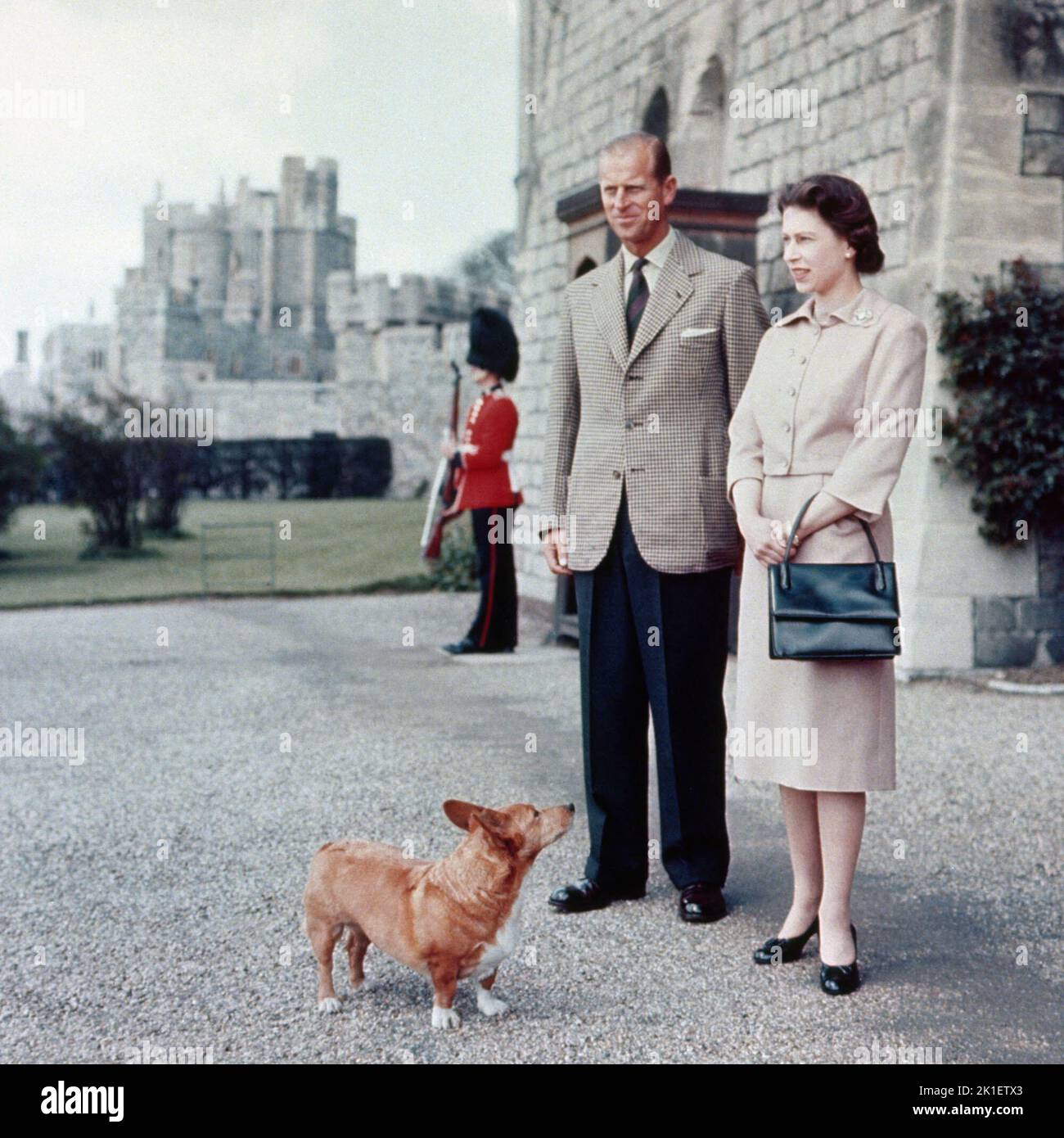 Foto del expediente del 02/06/1959 de la reina Isabel II y duque de Edimburgo en Windsor, junto con Sugar, uno de los Corgis Reales. Fecha de emisión: Domingo 18 de Septiembre de 2022.. El crédito de la foto debe decir: PA Wire Foto de stock