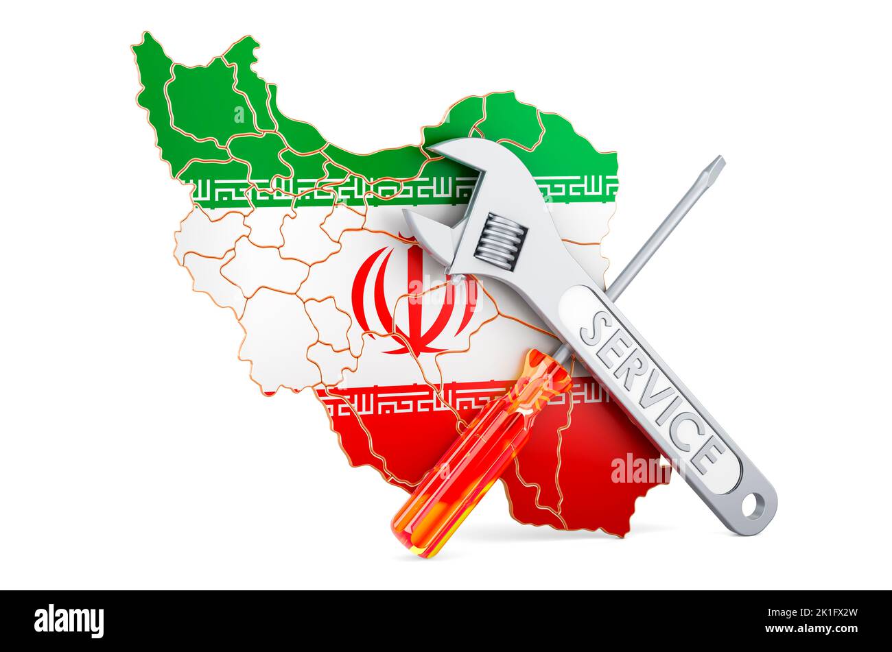Mapa iraní con destornillador y llave, 3D renderizado aislado sobre fondo blanco Foto de stock