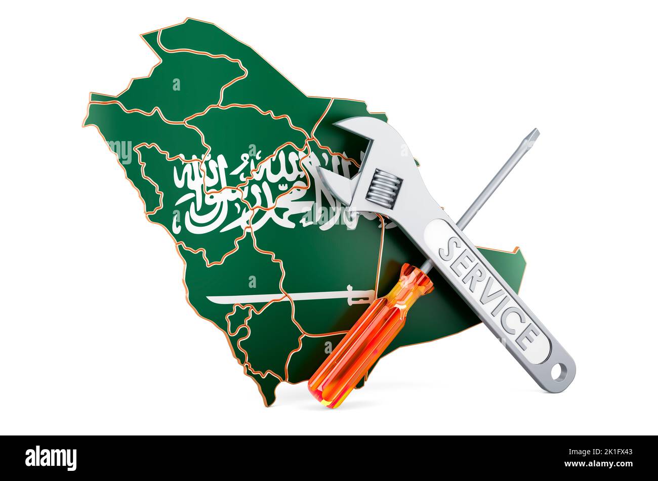 Mapa de Arabia Saudita con destornillador y llave, 3D renderizado aislado sobre fondo blanco Foto de stock