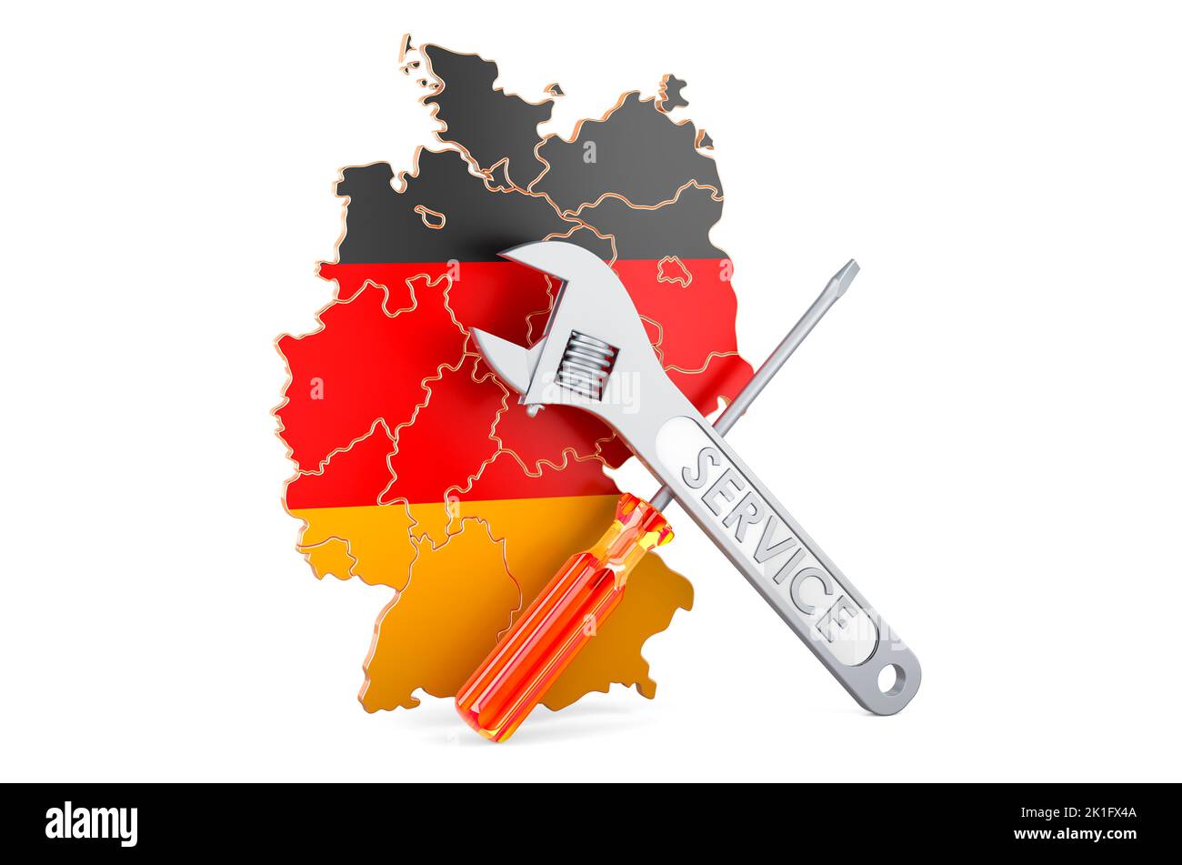 Mapa alemán con destornillador y llave, 3D renderizado aislado sobre fondo blanco Foto de stock