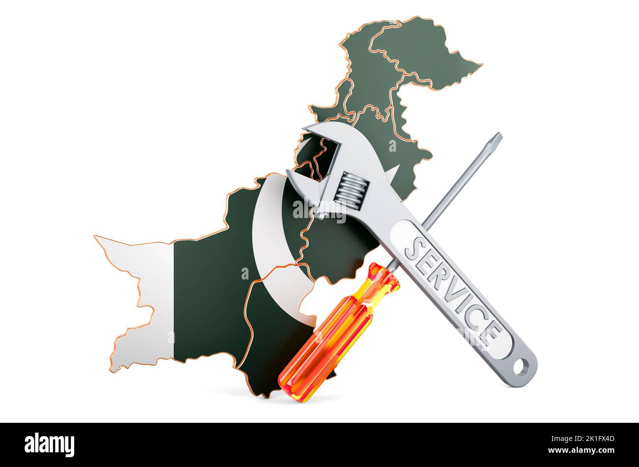 Mapa paquistaní con destornillador y llave, 3D renderizado aislado sobre fondo blanco Foto de stock