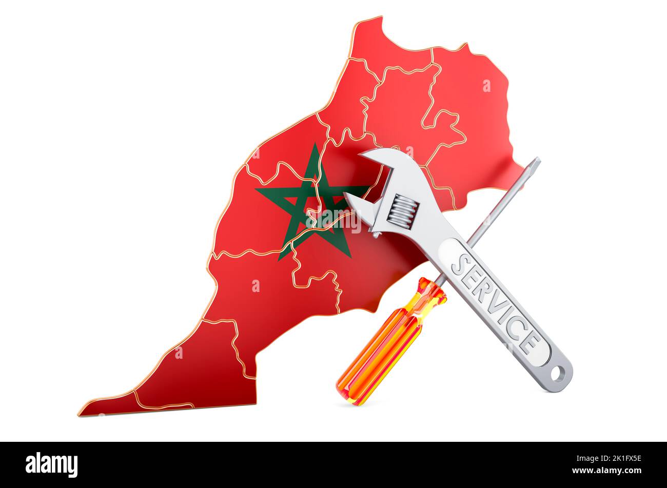 Mapa marroquí con destornillador y llave, 3D renderizado aislado sobre fondo blanco Foto de stock