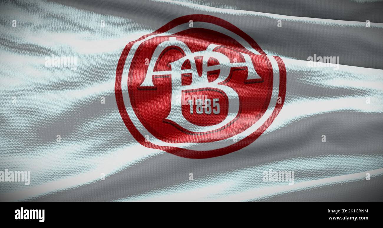 Barcelona, España - 17 de septiembre de 2022: AAB Aalborg FC, logotipo del equipo de fútbol. Ilustración 3D, Editorial ilustrativa. Foto de stock